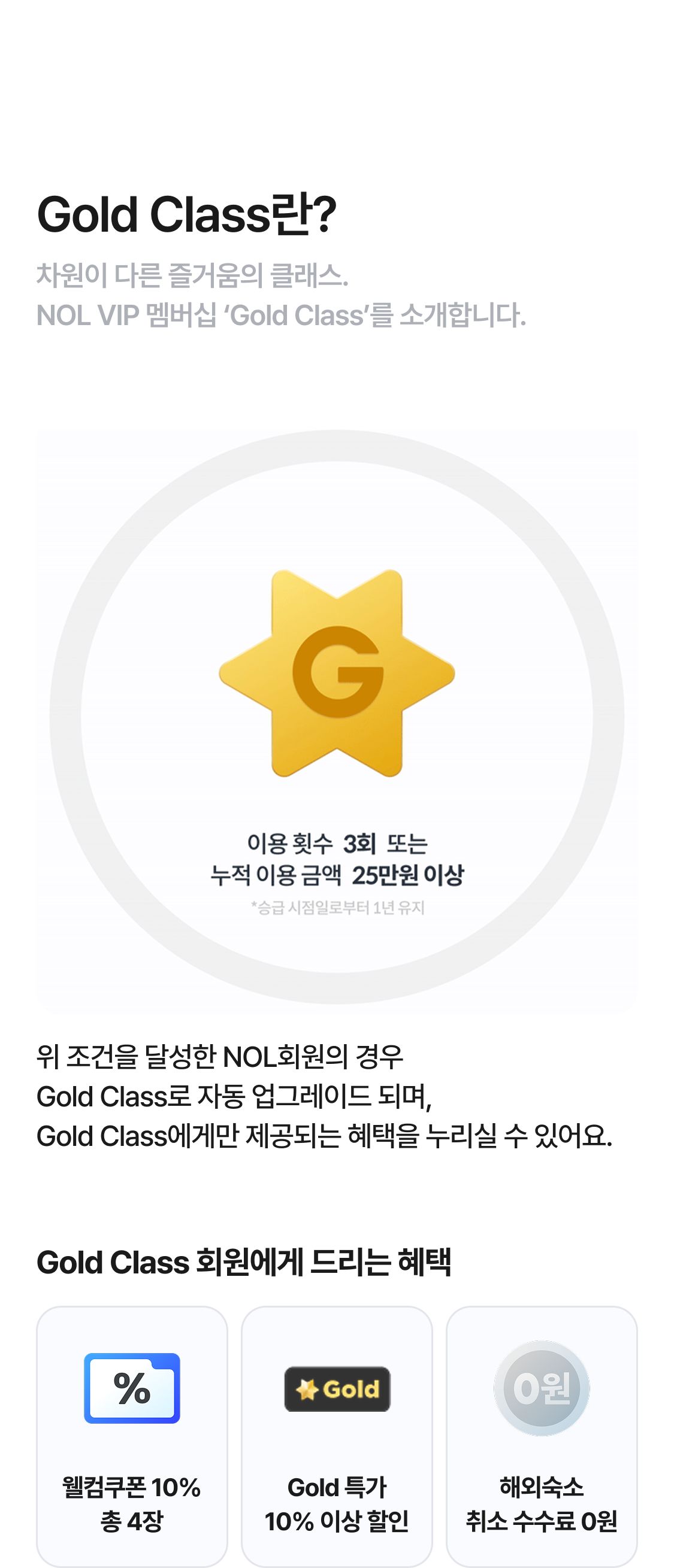 Gold Class란?
차원이 다른 즐거움의 클래스. NOL VIP 멤버십 'Gold Class'를 소개합니다.
이용횟수 3회 또는 누적 이용금액 25만원 이상
위 조건을 달성한 NOL회원의 경우 Gold Class로 자동 업그레이드 되며, Gold Class에게만 제공되는 혜택을 누리실 수 있어요.
Gold Class 회원에게 드리는 혜택
1. 웰컴쿠폰
2. Gold 특가
3. 취소수수료